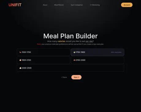 UniFit meal plan preferences builder page